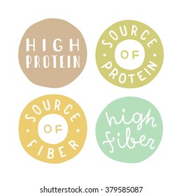 Set of badges: high protein, high fiber, source of protein, source of fiber.