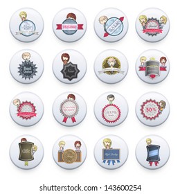 Set of badges inside a white button on isolated background. Vector design.