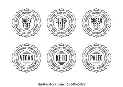 Set of Badges Keto Vegan Paleo Approved Certified Sugar Free Dairy Free Gluten Free Vector 