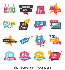 Set of badges, labels, banner and coupons for shopping. Discount, sale and product promotion template