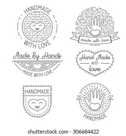 Set of badges, labels, design elements and templates in trendy linear style about handmade for logo design, illustrations or web