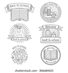 Set of badges, labels, design elements and templates in trendy linear style about back to school for logo design, illustrations or web