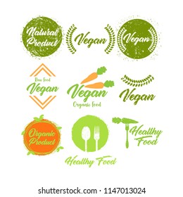 Set of badges and labels elements for organic food and drink. Vegan logo set.