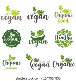 Set of badges and labels elements for organic food and drink. Vegan logo set.