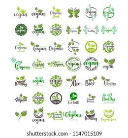 Set of badges and labels elements for organic food and drink. Vegan logo set.