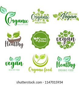 Set of badges and labels elements for organic food and drink. Vegan logo set.