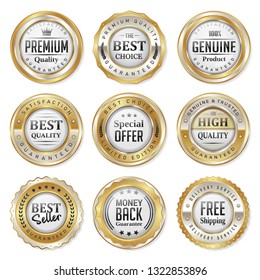 Set of badges and labels gold seal quality product on white background