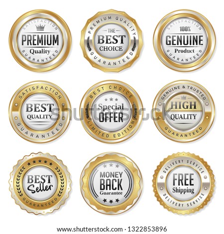 Set of badges and labels gold seal quality product on white background