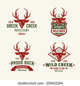 Set of badges labels logo design elements. Deer head. Collection of quality emblem templates for business. Premium retro vintage symbols. Vector illustration. Hand crafted authentic drawn graphics.