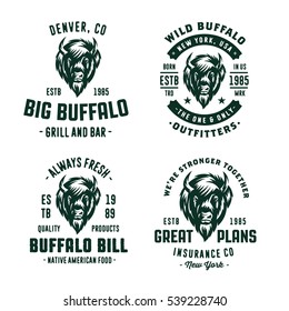 Set Of Badges Labels Logo Design Element. Buffalo Icon. Collection Of Quality Vintage Emblems For Various Businesses. Premium Retro Vintage Americana Style Graphic Symbols. Bison Vector Illustration.