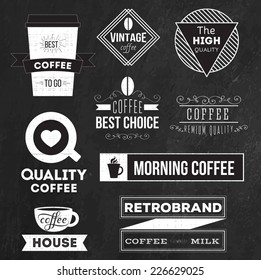 Set Of Badges, Labels And Logo Elements For Coffee On Chalkboard Background