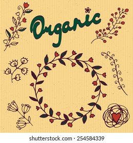 Set of badges, labels, logo, floral elements, wreaths and laurels.Organic, bio, natural design template.Hand drawn design elements.Vintage vector. Logo maker.