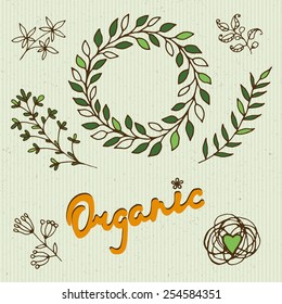 Set of badges, labels, logo, floral elements, wreaths and laurels.Organic, bio, natural design template.Hand drawn design elements.Vintage vector. Logo maker.