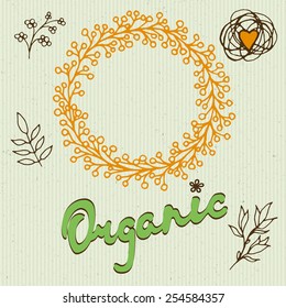 Set of badges, labels, logo, floral elements, wreaths and laurels.Organic, bio, natural design template.Hand drawn design elements.Vintage vector. Logo maker.