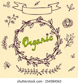 Set of badges, labels, logo, floral elements, wreaths and laurels.Organic, bio, natural design template.Hand drawn design elements.Vintage vector. Logo maker.