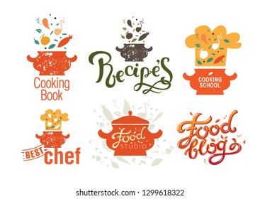 Set of badges, labels, logos for food blog, foods shop, recipes book and cooking courses with vector illustration, vegetables, chef's cap, tureen. 
