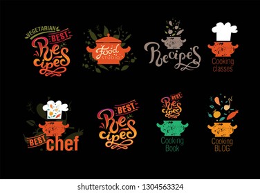 Set of badges, labels, logos for food blog, foods shop, recipes book and cooking courses with vector illustration, vegetables, chef's cap, tureen. 