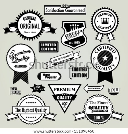 Set of badges and labels. Retro vintage styled design. Genuine & original, certified, premium, highest, the finest quality, new recipe, limited edition, best seller, choice, satisfaction guaranteed.