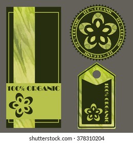 Set of badges and labels and stickers Texture style design. 100% pure organic product, bio, natural, certified, premium quality, eco friendly. Water-colour drawing, watercolour