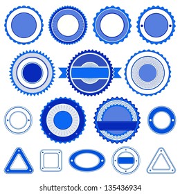 Set of badges, labels and stickers without text. In blue color.