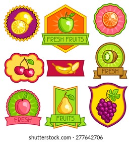 Set of badges and labels with stylized fresh ripe fruits.