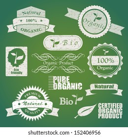Set of badges and labels. Texture style design. 100% pure organic product, bio, natural, certified, premium quality, eco friendly.