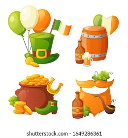 Set of badges with Leprechaun and Irish symbols. Saint Patrick's Day vector holiday design.