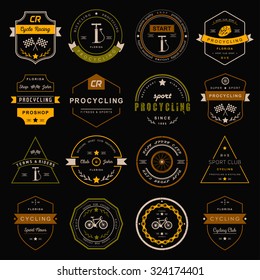 Set of badges and logos cycling. Symbols and emblems pro bike shop and equipment, cycling club and repair shops.