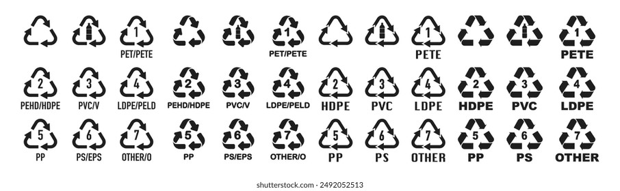 Set of badges for marking plastic. Industrial marking of plastic products. Environmental reusable plastic illustration