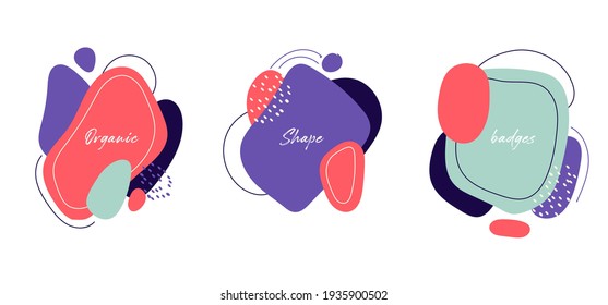 Set of badges modern abstract colorful organic shapes with lines on white background. Vector illustration