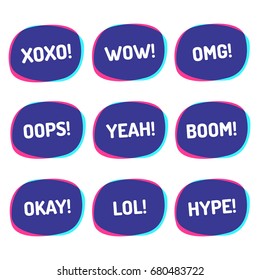 Set of badges in modern style. Xoxo! Wow! Omg! Oops! Yeah! Boom! Okay! Lol! Hype! Vector illustrations on white background.