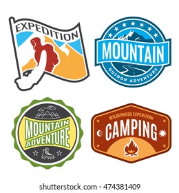 Set badges mountain expeditions and logo emblem adventure outdoors