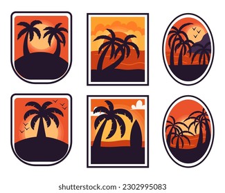 Set of Badges Badges With Palm Trees Silhouettes Against A Mesmerizing Sunset Backdrop with Surf Board, Sea Waves and Gulls, Evoke A Sense Of Tranquility And Relaxation. Cartoon Vector Illustration