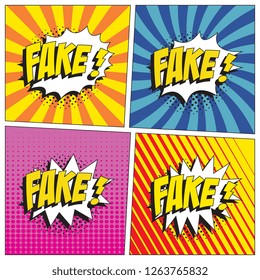 set of badges with phrases 'fake!' in retro comic speech bubble with halftone dotted shadow on colorful backgrounds. vintage vector illustration easy to edit and customize. eps10