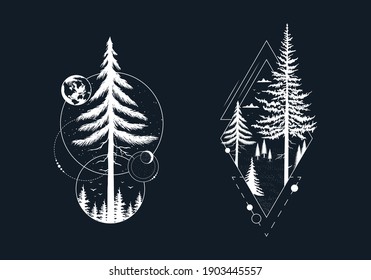 Set of badges with pine and fir trees, moon and stars. Vector isolated forest prints.  Geometric wanderlust label or tattoo frames.