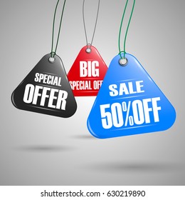 Set of badges. Product promotions. Special offer. Big sail 50 % off. Vector illustration.