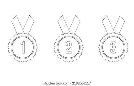 Set of badges with ribbons of first, second, third place winners in line style. Vector illustration