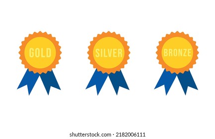 Set of badges with ribbons and the inscription gold, silver, bronze. Vector illustration