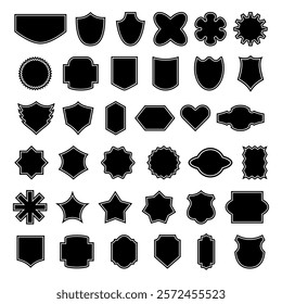 Set of Badges and Shield Shapes Vector Illustration. This image showcases a vector collection of black silhouettes featuring a variety of badge and shield designs.