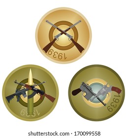 Set of badges with small arms on the background of the back side of the liner. Illustration on white background.