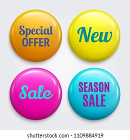 Set of badges as Special offer, New, Sale, Season sale. Product promotions. Discount buttons collection. Vector.