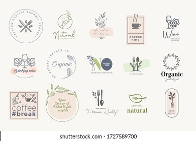 Set of badges and stickers for food and drink. Vector illustrations for graphic and web design, marketing material, restaurant menu, natural products presentation, packaging design.