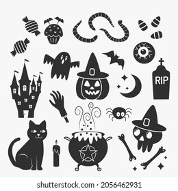 set of badges stickers for halloween. silhouette jack lamp, skull, witch's cauldron, black cat, eyes, worms, monster hand, bat. vector illustration isolated on white background