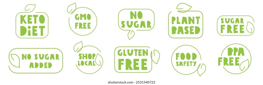 Set of badges. Sugar free. keto diet, GMO free, gluten free, food safety. Graphic design. Stickers for healthy food. Illustrations on white background.