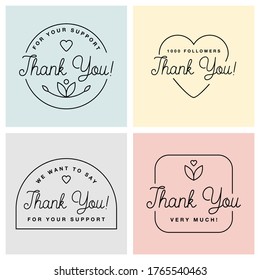 Set of badges with thank you graphics and design elements vector labels and logo for gratitude, branding, advertisement.
