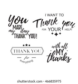 Set of badges with thank you graphics and design elements vector labels and logo for gratitude, branding, advertisement.
