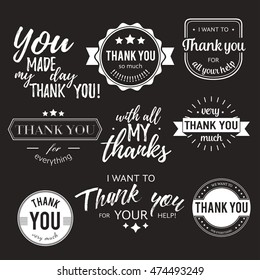 Set of badges with thank you graphics and design elements vector labels and logo for gratitude, branding, advertisement.