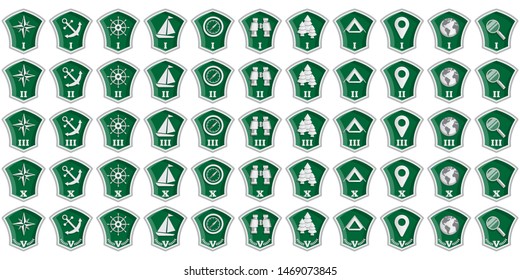 A set of badges. Tourist theme. Isolated on white background. Vector illustration.