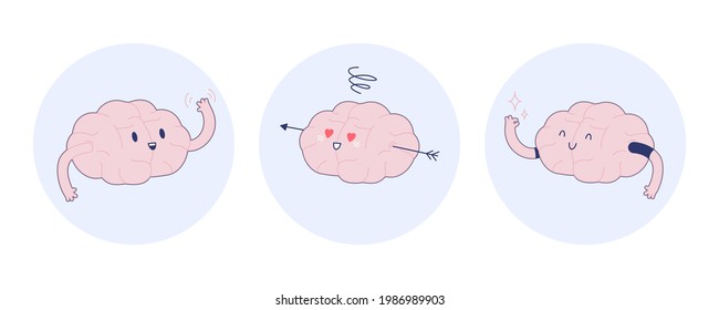 Set Badges Train Your Brain. Modern Flat Vector Illustration. Happy Brain Wave Hello, in Love, Show Okay Sign. Social Media Template.