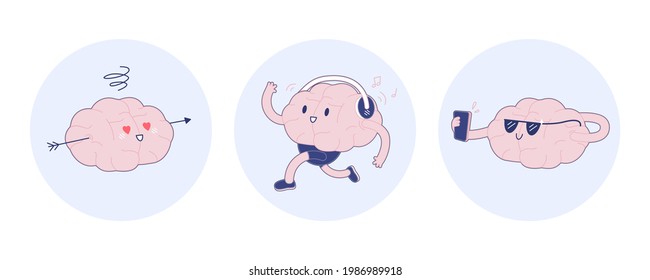 Set Badges Train Your Brain. Modern Flat Vector Illustration. Happy Brain in Love, Run and Listen to the Music in Headphones, Hold Smartphone and Make Selfie. Social Media Template.
